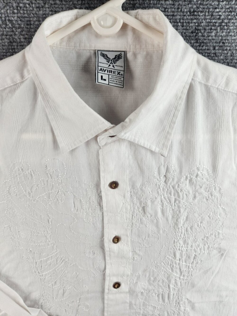 Avirex White Embroidered Button Up Shirt Large Long Sleeve Men Cotton Blend